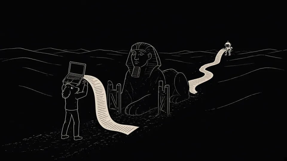 밤의 사막에서 거대한 스핑크스가 나무 문 두 짝 사이에 엎드려 길을 막고 있다. 작은 개발자가 노트북을 머리 위로 들어 올려 바친다. 노트북에서 흘러나온 긴 코드 출력지가 사막을 굽이쳐 지평선까지 이어지고 그 끝에서 작은 로봇이 아직도 종이를 뽑아내고 있다