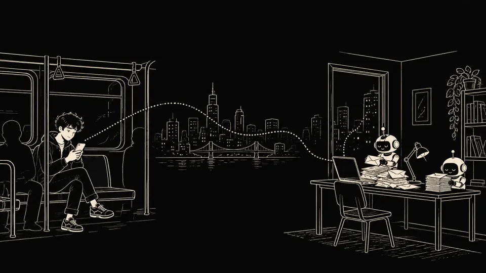 지하철에서 폰을 보는 사람에게서 점선이 도시를 건너 집 책상의 노트북까지 이어지고 작은 로봇 둘이 편지 봉투를 나눠 쌓는다
